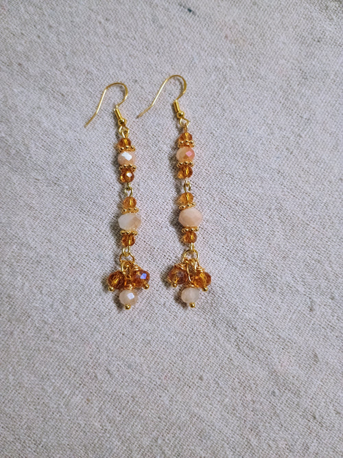 Beaded Dangle Earrings - Handmade Gold & Amber Drop Earrings