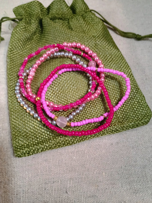 Pink & Silver Beaded Bracelet Set - Handmade Stretch Bracelets