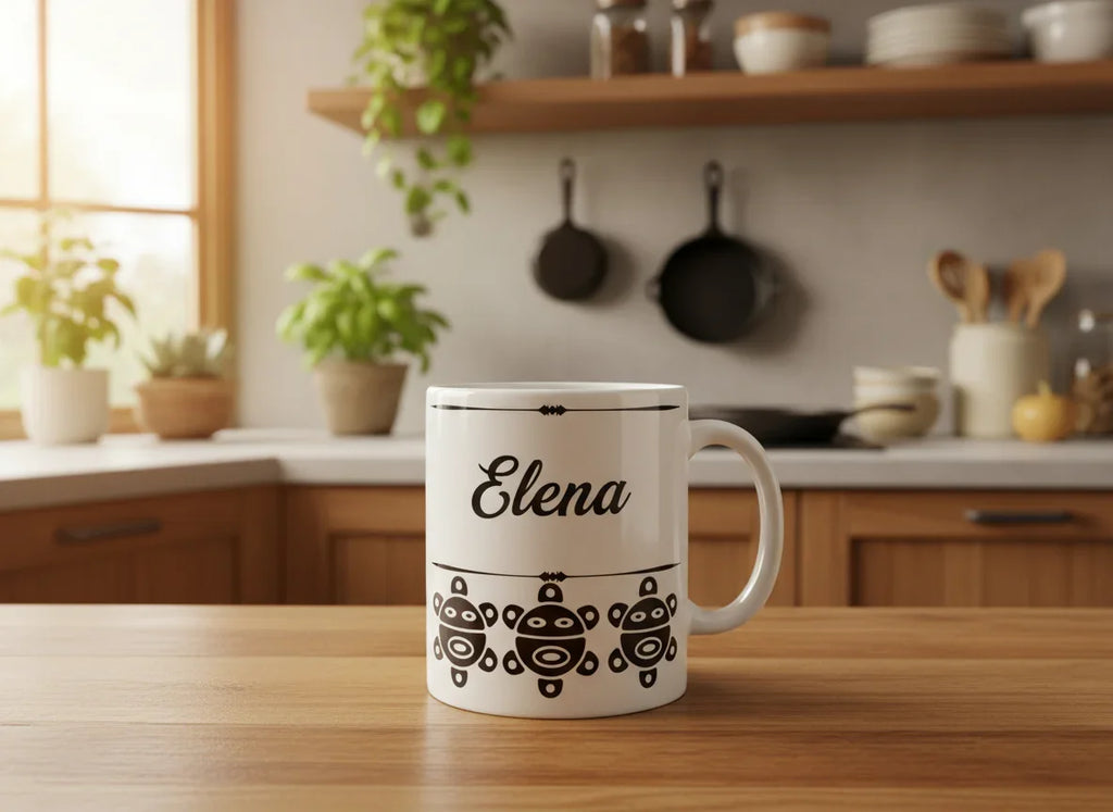 White ceramic mug with name Elena and Taino turtle design on wooden kitchen counter