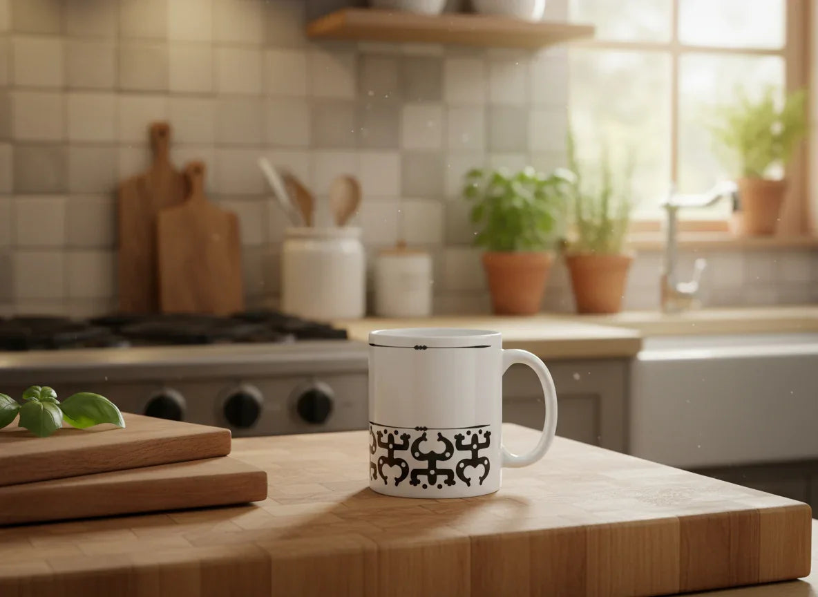 White ceramic mug with black Taino pattern on wooden kitchen island with cutting boards and potted plants