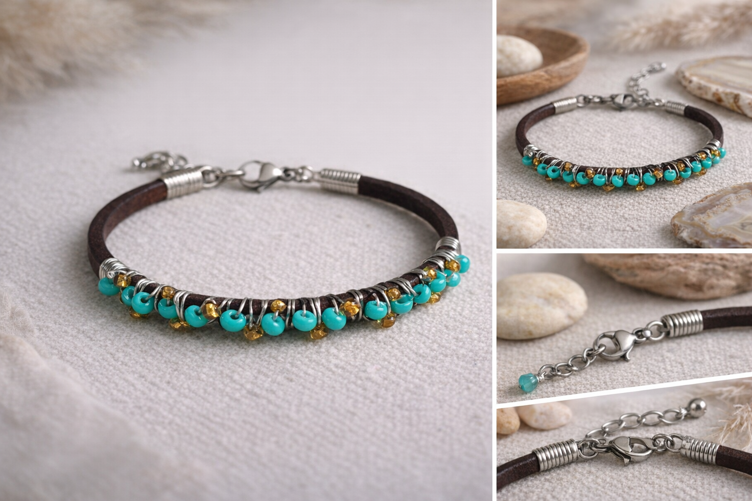Bracelet with turquoise beads and leather strap on a neutral background