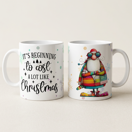 White 11 oz ceramic mug mockup with Christmas wrap