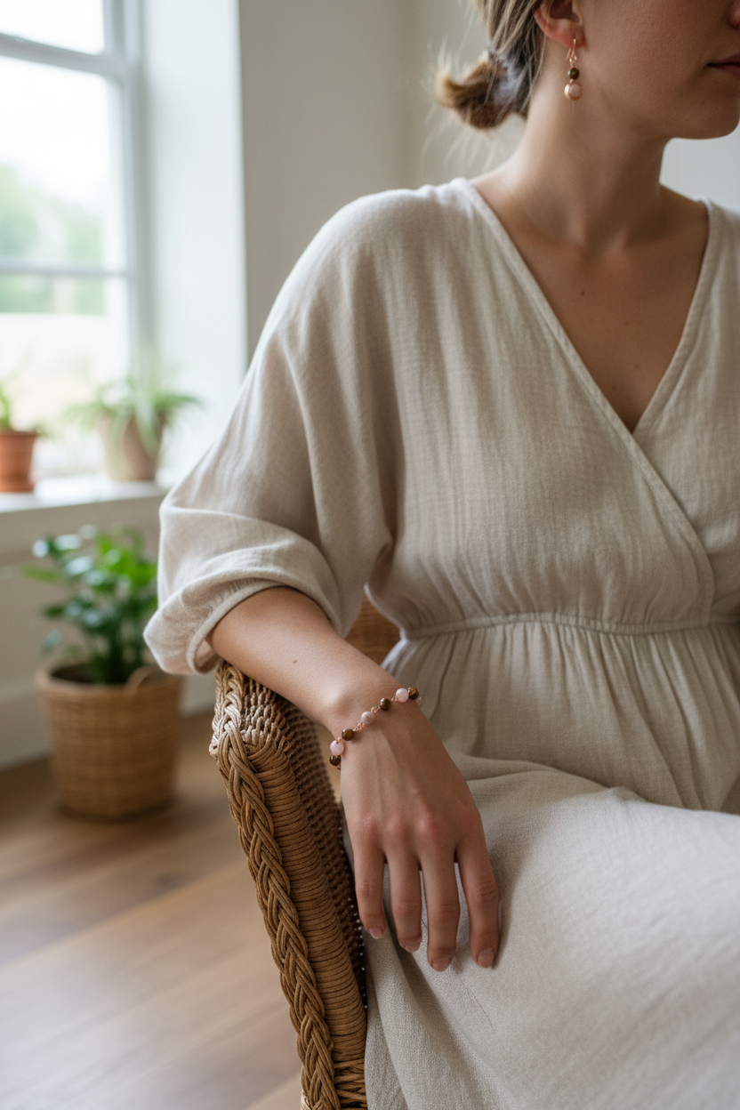 Woman wearing Boho Stone Bracelet & Earring Set