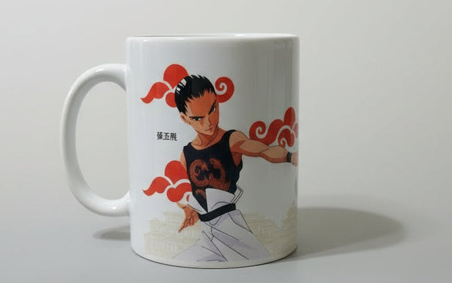 White ceramic mug with anime character in black and white outfit and red cloud designs