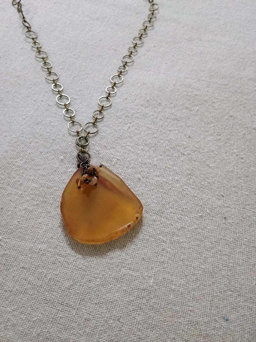 Yellow Agate Slice Necklace - Natural Stone Pendant on Brass Chain